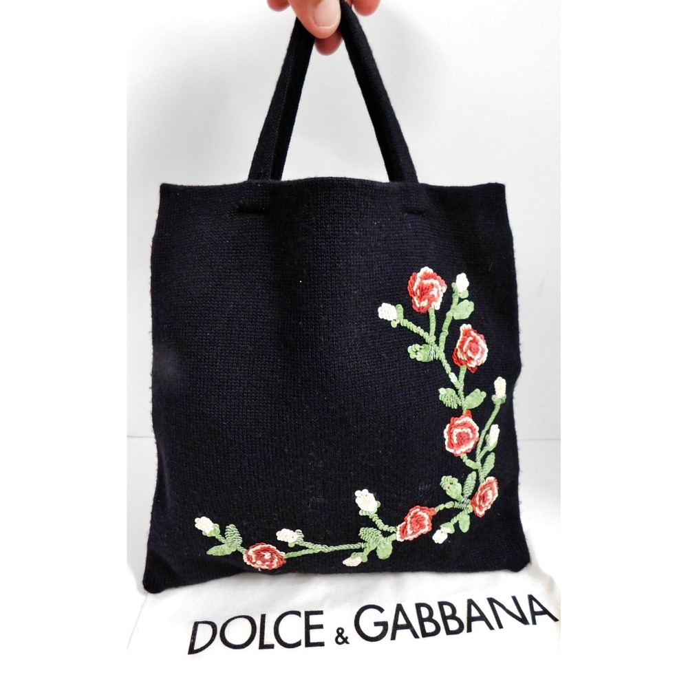 Dolce & Gabbana Italy Black Knit Roses Sequin‎ Bag